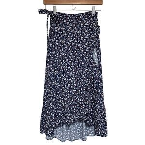 J.Crew Floral Peasant Wrap Skirt Womens S High Low Cottagecore Navy Blue Viscose